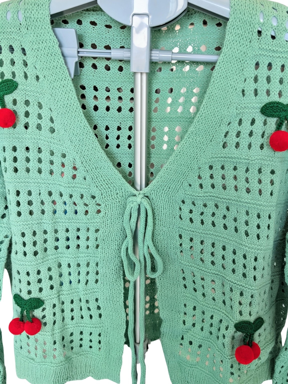 Coquette Cherry Knit Cardigan Mint Green Tie Front Cropped Pointelle Sweater - Picture 5 of 11
